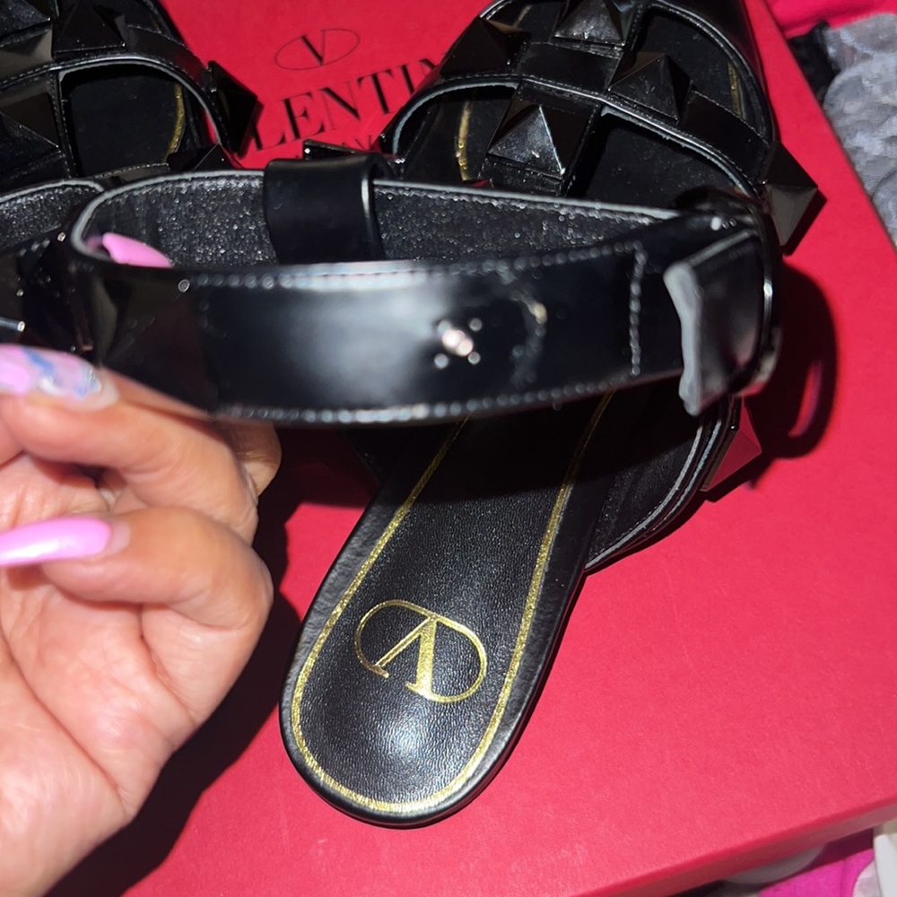 Valentino Black Leather Rockstud Ankle-Strap Pointed Flats - Picture 14 of 16